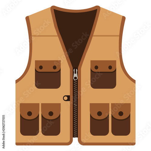 Vector illustration of a tan tactical vest with multiple brown pockets and a zipper closure isolated on white background
