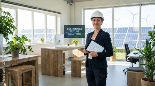 Professional Woman with Hard Hat Presenting Sustainable Energy Solutions Including Businesswoman, Safety Helmet, Architectural Plans, Blueprints, Sustainability and Solar Panels