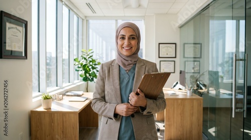 Professional Woman in Hijab Holding Clipboard Smiling at Workplace Featuring Businesswoman, Office Worker, Modest Fashion, Documents, Certificates and Achievement