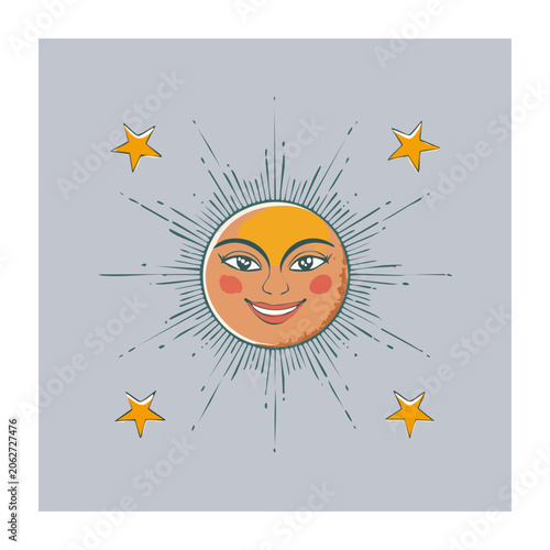 Cartoon sun face with rays and stars