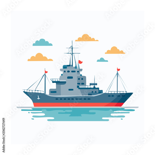 Flat design cargo ship with containers and cranes