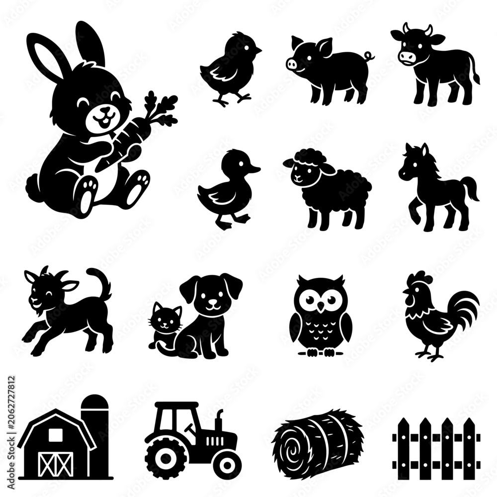 Obraz premium Farm Animals and Rural Life Vector Icon Set