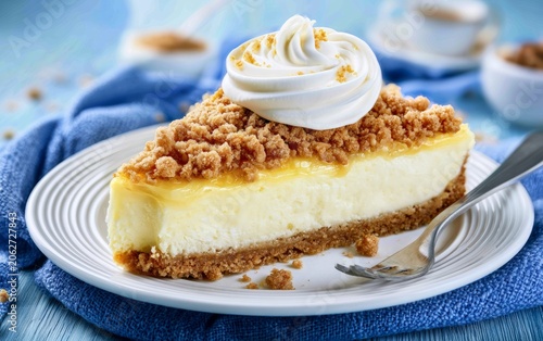 Creamy Cheesecake Slice With Sweet Topping and Crumble on White Plate Surrounded by Blue Textiles