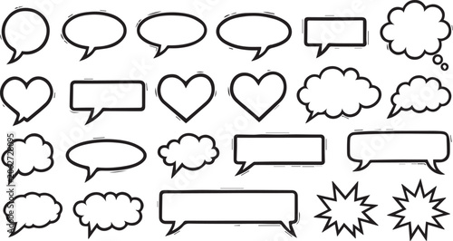 Collection of various comic book style speech bubbles and thought clouds in black outline on white background