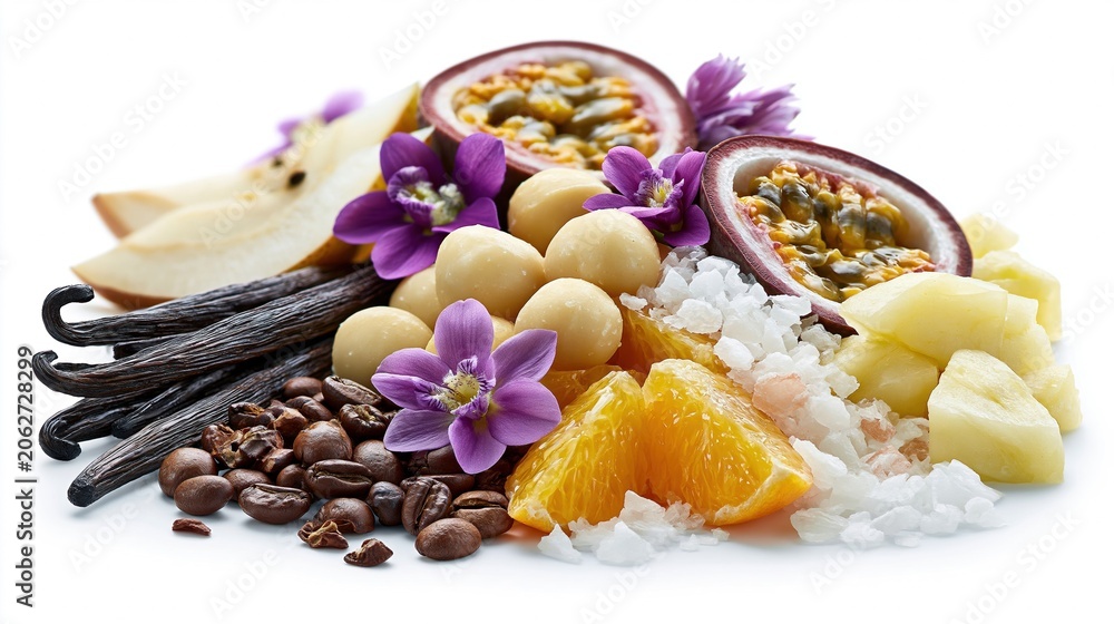 Fototapeta premium Exotic Tropical Fruit, Coffee Beans, Vanilla Pods, and Macadamia Nuts Arranged Artistically