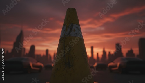 Yellow Traffic Cone in a Cityscape at Dusk with Cars on the Road