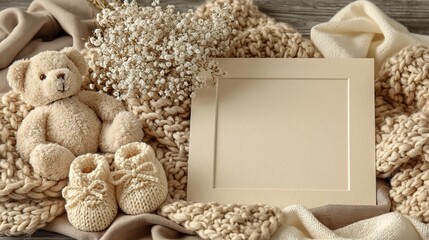 Cozy Newborn Baby Essentials with Teddy Bear, Booties, and Blank Photo Frame on Textured Neutral Blanket