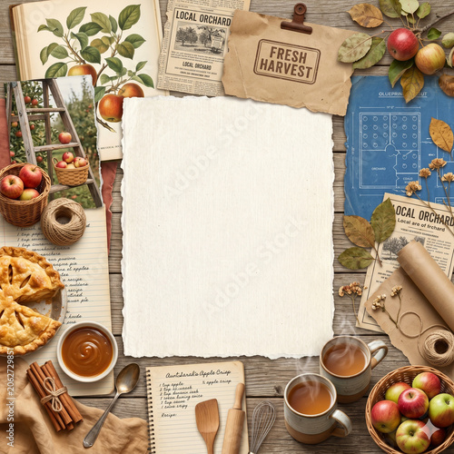 Autumn Orchard Kitchen Mood Board with Apples, Homemade Pie and Harvest Baking, Rustic Copy Space for Seasonal Farmhouse and Bakery Branding