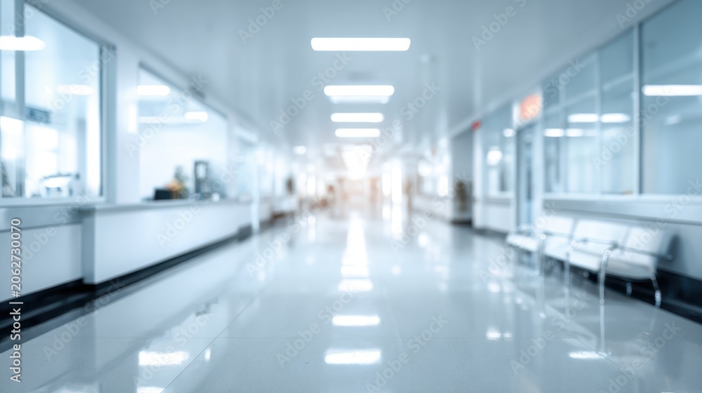 Obraz premium Bright Modern Hospital Corridor with Clean Design and Seating Areas
