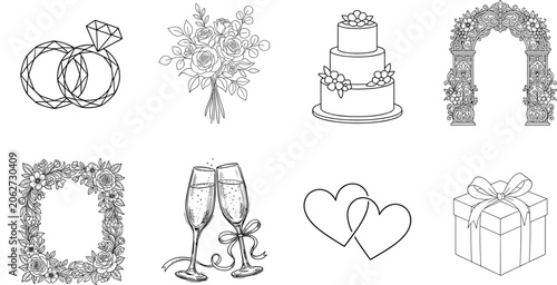 Wedding elements vector outline icon set for coloring page featuring rings bouquet cake arch frame champagne hearts and gift