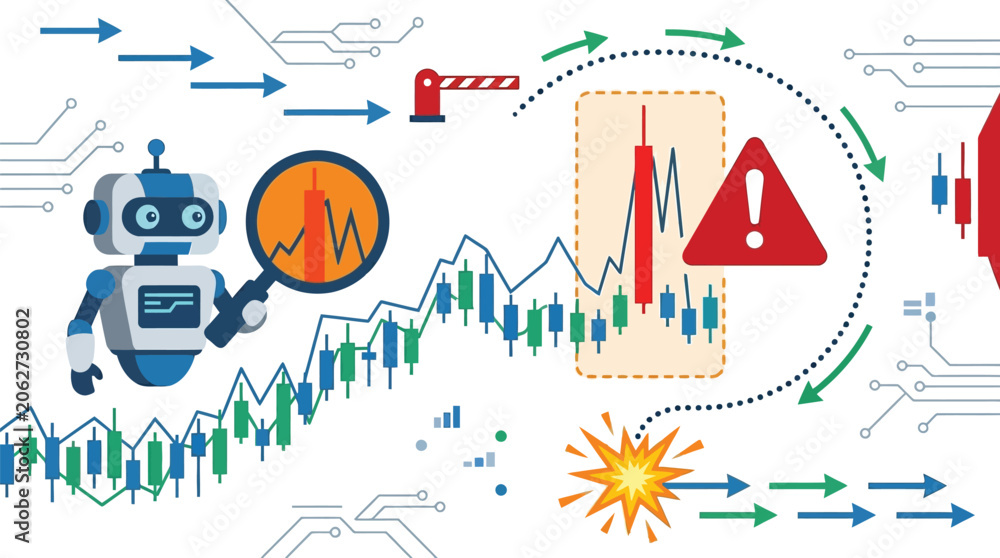 Obraz premium Robot inspector examines stock market candlestick charts while identifying high risk trading patterns and technical warnings.