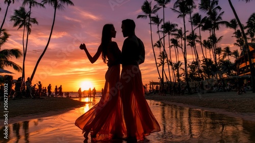 Romantic Couple Dancing on Tropical Beach at Sunset with Silhouette against Vibrant Sky and Palm Trees