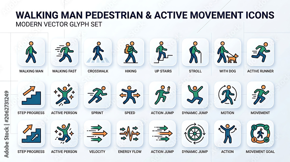 Fototapeta premium Walking Man Pedestrian and Active Movement Icons Set for Fitness and Safety
