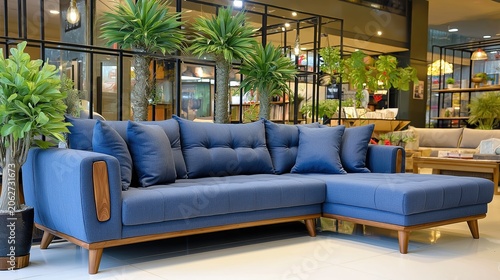 Blue fabric sofa with wooden legs and armrests, placed in the showroom of a home furniture store, with plants
