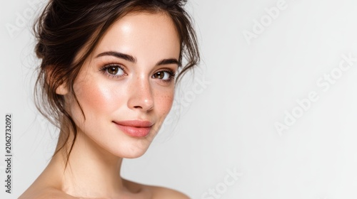 Close-up portrait of a young woman with natural makeup and loose hair against a plain white background