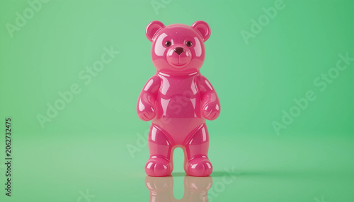 Pink gelatin gummy bear on a green background, shining with a smooth glossy texture ideal for candy and sweet product visuals.