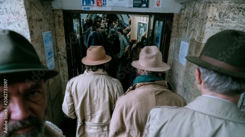 Elegant Vintage European Underground Station with People Entering in Classic Attire and Hats