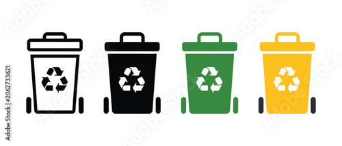 Bild auf Leinwand Recycle bin with wheel icon set representing waste management, garbage sorting, and environmental sustainability in clean vector illustration design