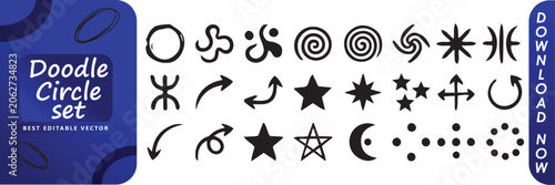 Doodle circle set with various black icons on white background including stars, arrows, and spirals for design and editing purposes easily