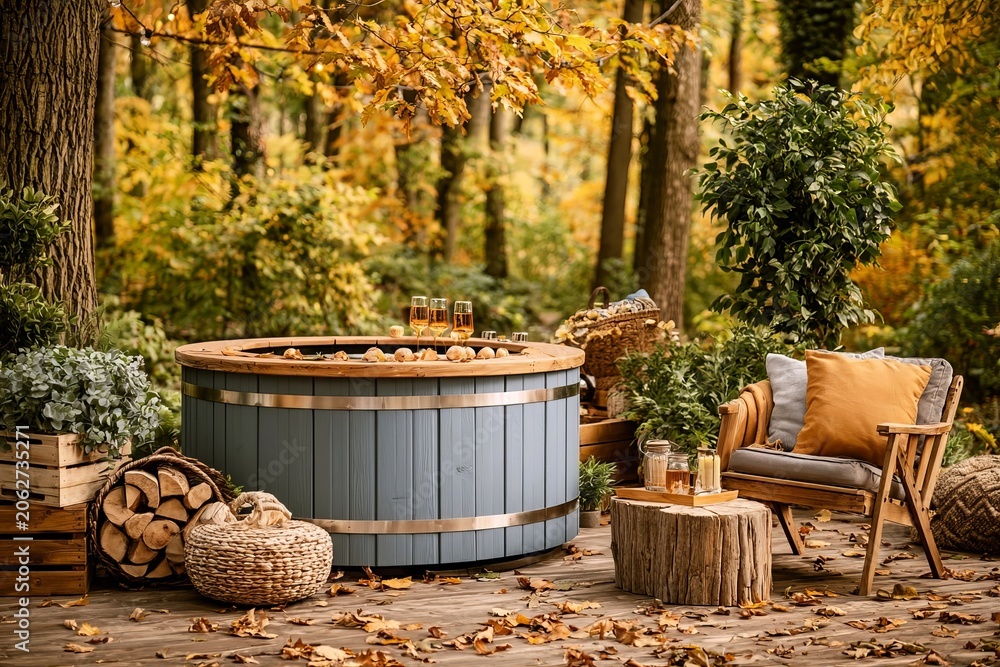 Obraz premium Luxury Outdoor Hot Tub On Wooden Terrace Encircled By Beautiful Autumn Forestry At Golden Hour Area.