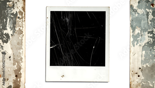 Isolated vintage square photo frame with heavy dust, scratches, and distressed texture, retro photography overlay for nostalgic projects