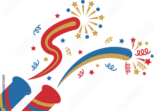 Party poppers explode with colorful ribbons and star shapes to mark a special occasion or festive milestone event.