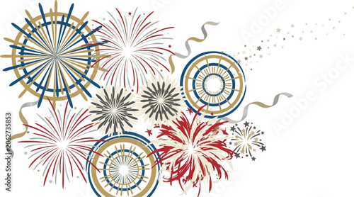 Fireworks in circular patterns and golden ribbons decorate the frame to represent a joyful public celebration.