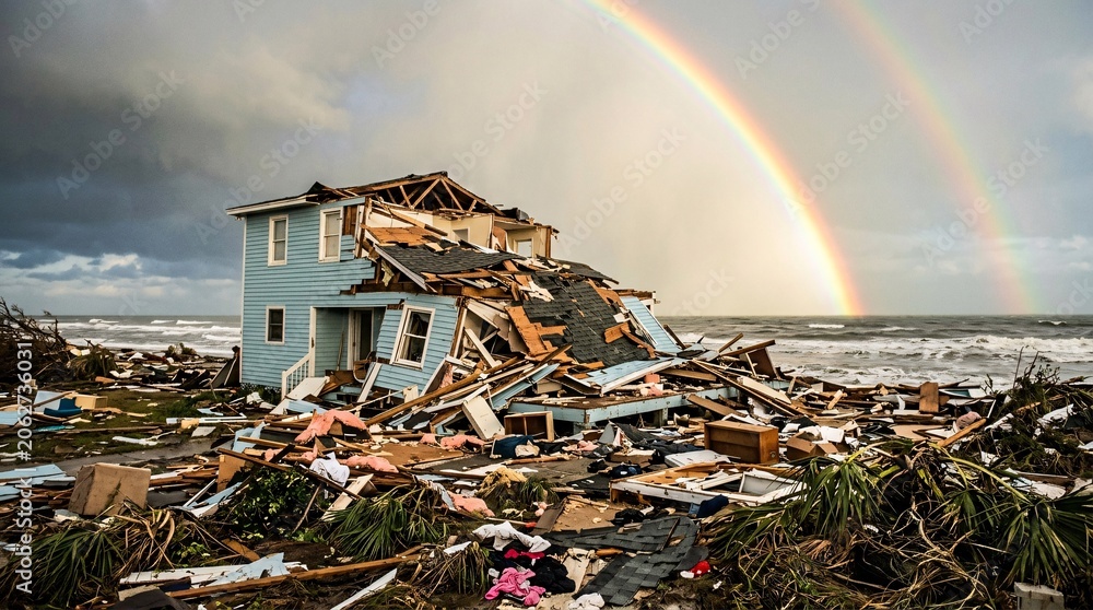 Naklejka premium Devastated light blue two-story wooden coastal home sits completely destroyed amidst chaotic rubble contrasted by a bright double rainbow.