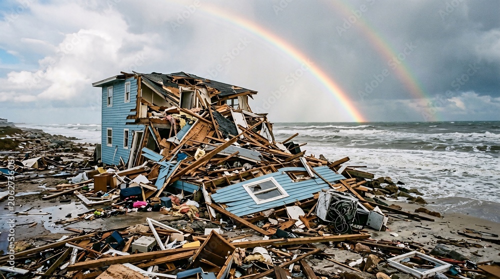 Naklejka premium Devastated light blue two-story wooden coastal home sits completely destroyed amidst chaotic rubble contrasted by a bright double rainbow.