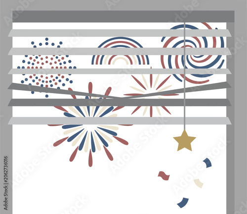 Window blinds reveal a view of stylized fireworks and festive stars symbolizing a national holiday celebration.