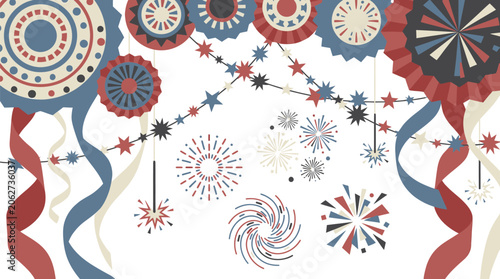 Festive fireworks and decorative paper rosettes create a celebratory backdrop for American holiday events.