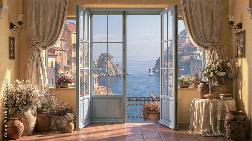 Fototapeta premium Charming Mediterranean Balcony Overlooking a Picturesque Coastal Village and Azure Sea