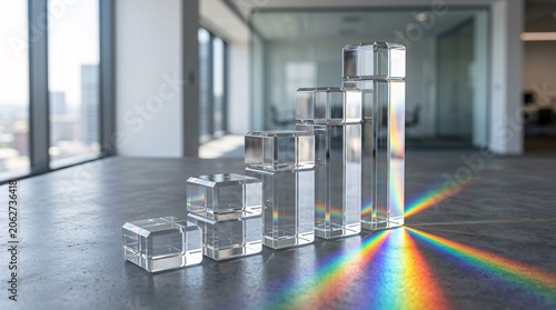 Elegant ascending financial bar chart composed entirely of solid clear crystal glass blocks rests on a smooth grey surface catching light.
