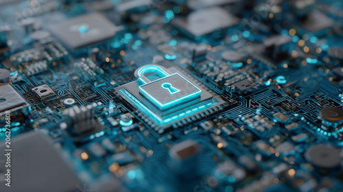 Glowing digital padlock on an electronic circuit board representing cybersecurity, data protection, encryption, secure networks, privacy, and information security technology.