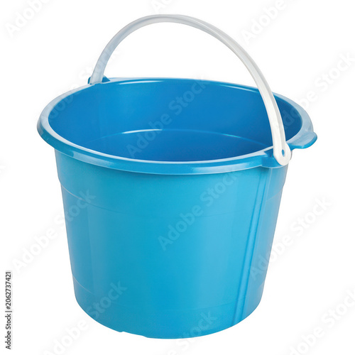 Blue plastic bucket with handle on white background