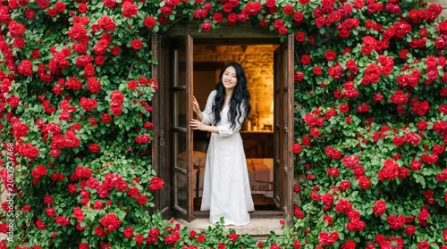 Asian woman in white dress standing in doorway covered with blooming red roses. Romantic floral house exterior and summer cottage garden atmosphere. Scenic travel lifestyle concept.