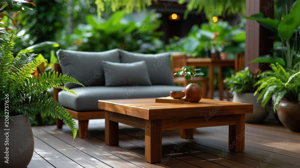 Fototapeta premium Elegant Outdoor Living Space with Comfortable Seating and Coffee Table Surrounded by Lush Greenery