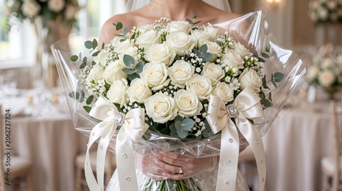 Bride holding large bouquet of white roses. Floral arrangement for wedding celebration. Elegant bridal flower composition with satin ribbon, crystals and greenery for nuptial ceremony.