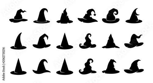 Schilderij op canvas Witch Hats Vector Collection, Spooky Halloween Headwear Icons, Magical Costume A
