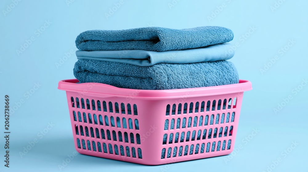 Fototapeta premium Stack of Clean Blue Towels in a Pink Laundry Basket Against a Soft Blue Background