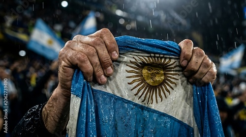 Man holding wet argentina flag in rain at sports event