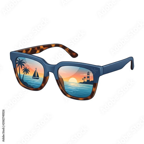 Fashionable sunglasses with a scenic beach sunset reflected in the lenses against a plain background.