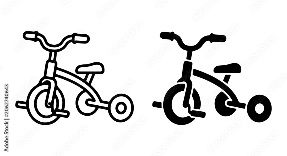 Fototapeta premium Child's Tricycle Icons, Line Art and Silhouette Vector Set for Kids Transportation and Play