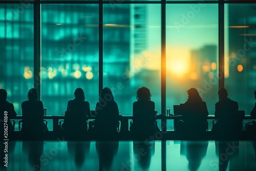 people in an office meeting, with a blurry background, glass walls, natural light, and green and blue tones, Generative AI