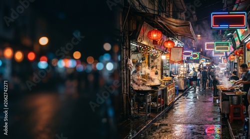 Cinematic Asian night market alley with neon bokeh and copy space