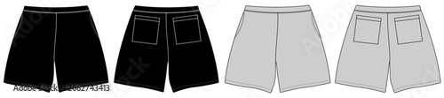 Men’s Athletic Shorts Technical Flat Sketch Set . Front and Back Views with Patch Pockets