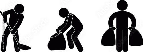 Bild auf Leinwand Garbage collector stick figure vector silhouette set showing worker sweeping cleaning and carrying trash bags on transparency