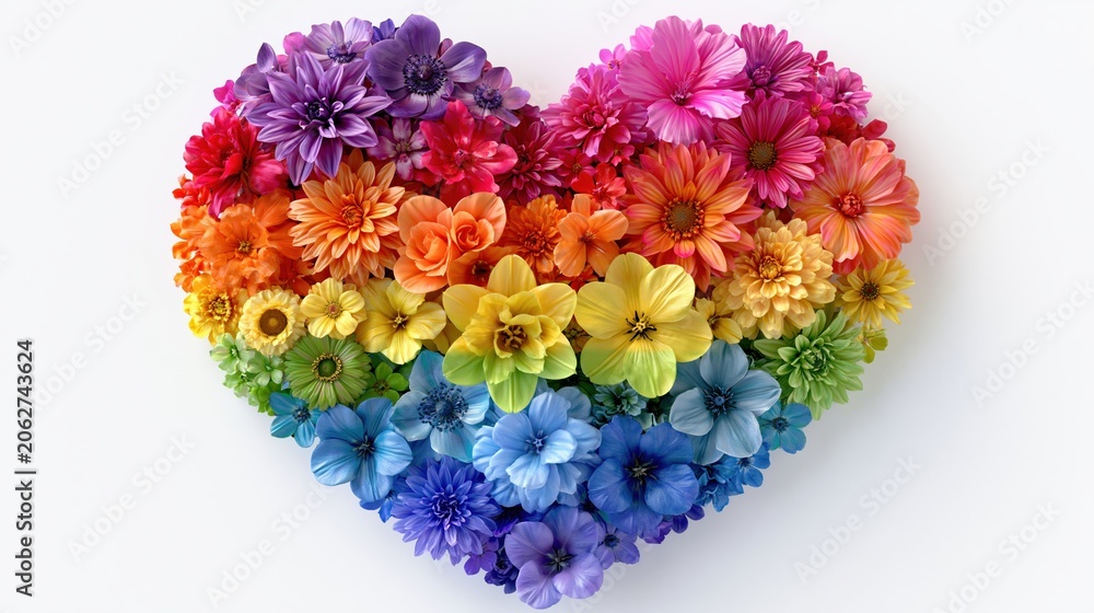 Obraz premium Vibrant Rainbow Heart Shape Floral Arrangement Symbolizing Love, Diversity, and Pride