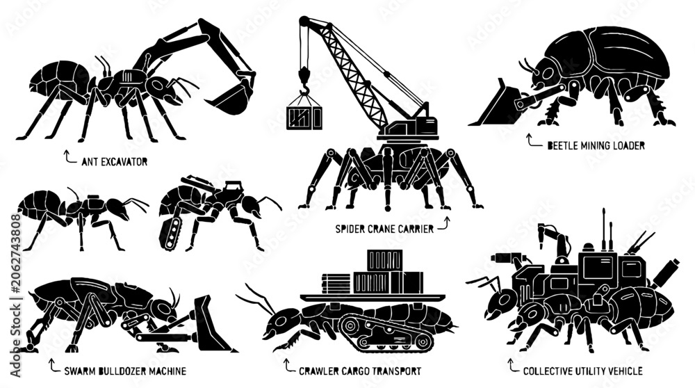 Obraz premium Set of insect construction machinery silhouettes illustration.
