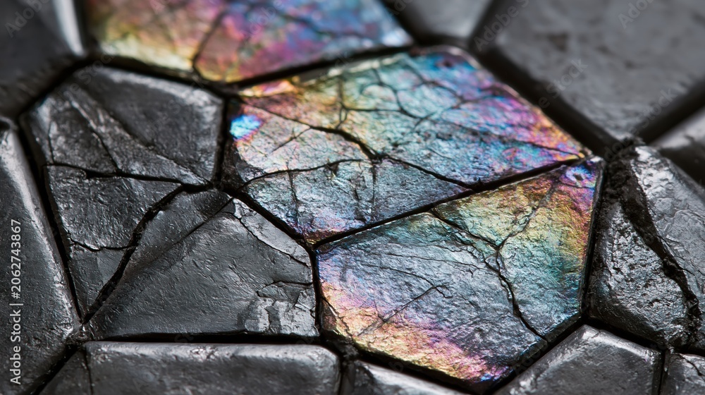 Obraz premium Close-up Macro View of Iridescent Mineral Crystals with Fractured Surfaces and Vibrant Rainbow Hues